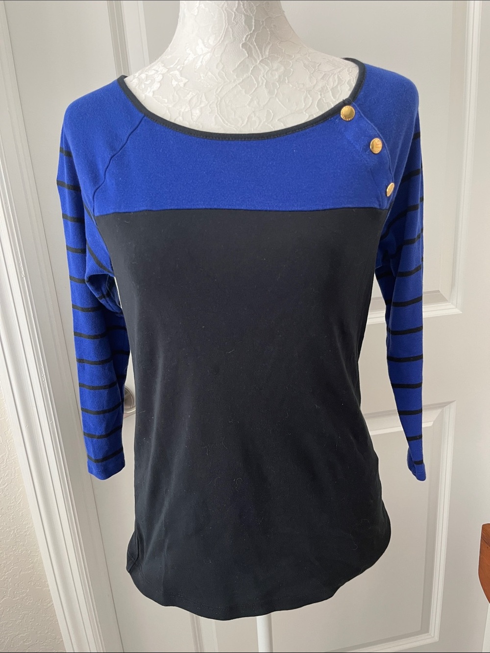 Ralph Lauren Black and Blue Button-Accent Long Sleeve Top